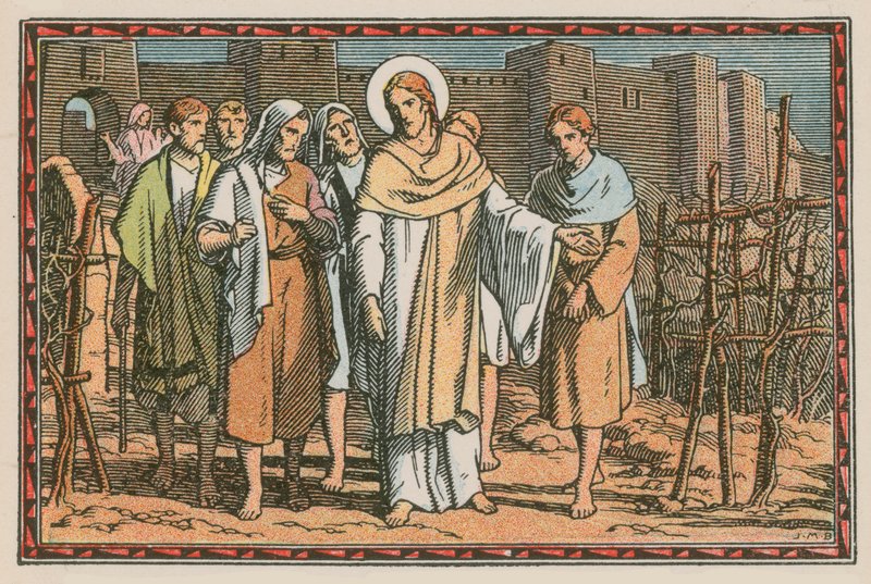 Scen ur Jesu liv (färgad gravyr) av French School