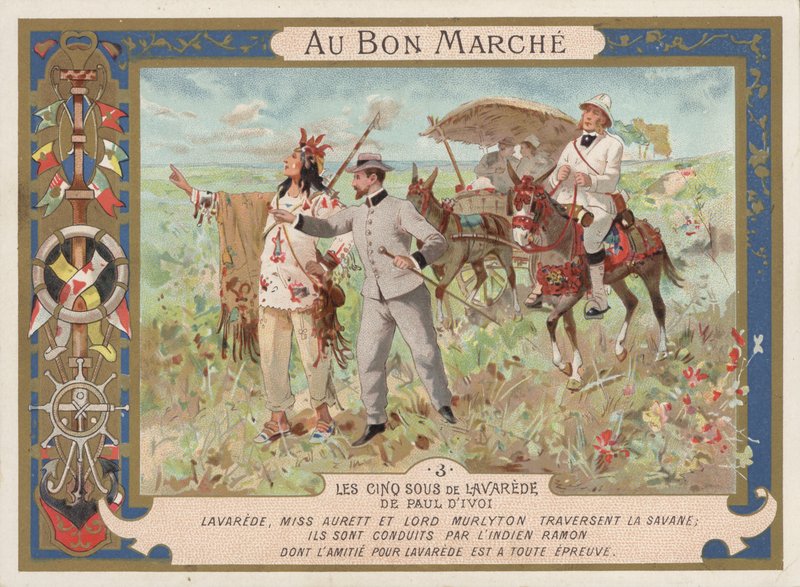 Scen från romanen Les Cinq Sous de Lavarede, av Paul Ivoi (chromolitho) av French School