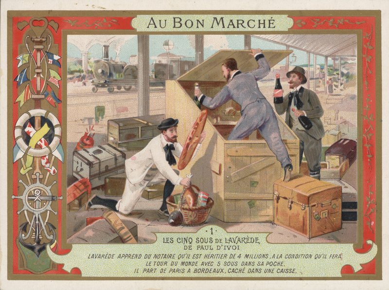 Scen från romanen Les Cinq Sous de Lavarede, av Paul Ivoi (chromolitho) av French School