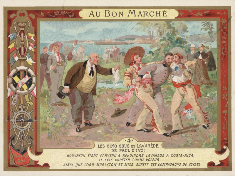 Scen från romanen Les Cinq Sous de Lavarede, av Paul Ivoi (chromolitho) av French School