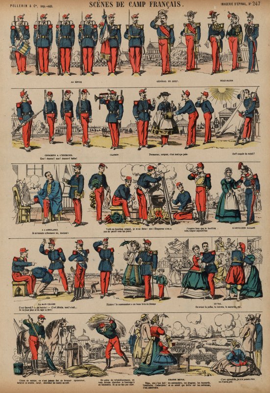 Scener från ett fransk arméläger (färgad gravyr) av French School