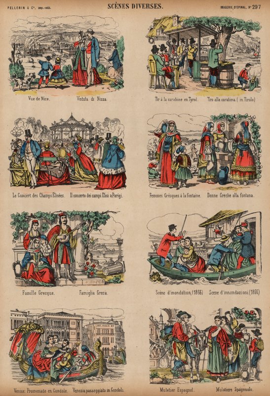Scener från olika europeiska platser (färgad gravyr) av French School