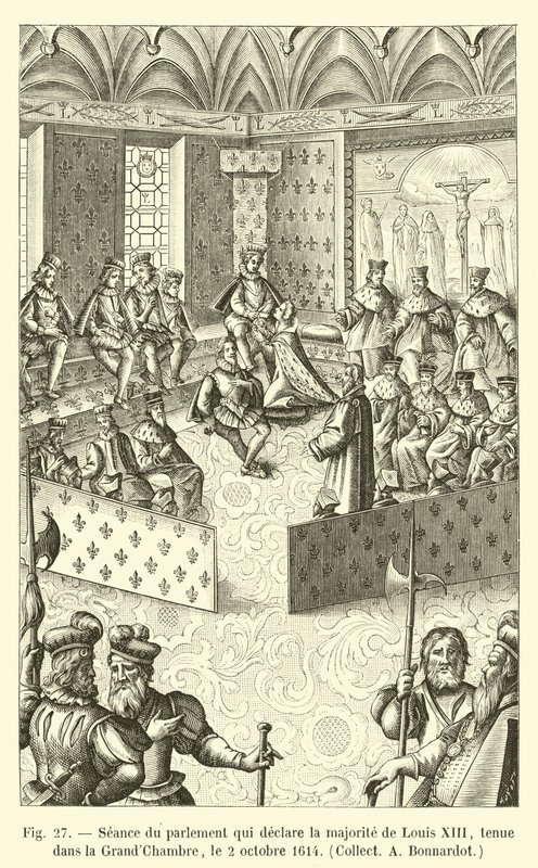 Session av parlamentet som förklarar majoriteten av Ludvig XIII, som hölls i Stora kammaren, 2 oktober 1614, Collect A Bonnardot av French School