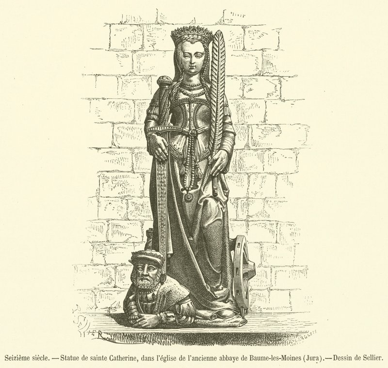 Sextonde århundradet, Staty av Saint Catherine, i kyrkan i det tidigare klostret Baume-les-Moines, Jura (gravyr) av French School