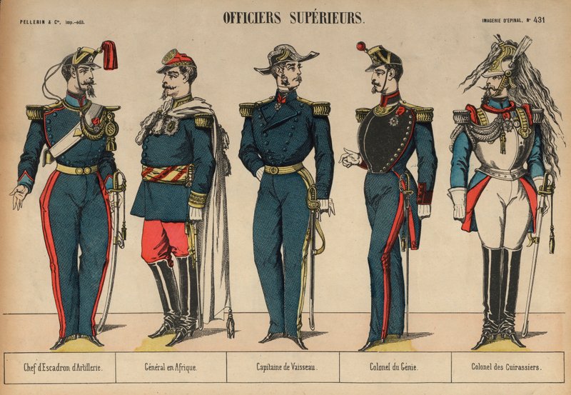 Senior franska militärofficerare (färgad gravyr) av French School