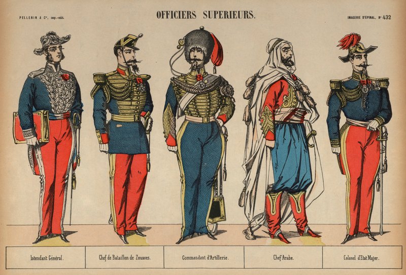 Högre arméofficerare (färgad gravyr) av French School
