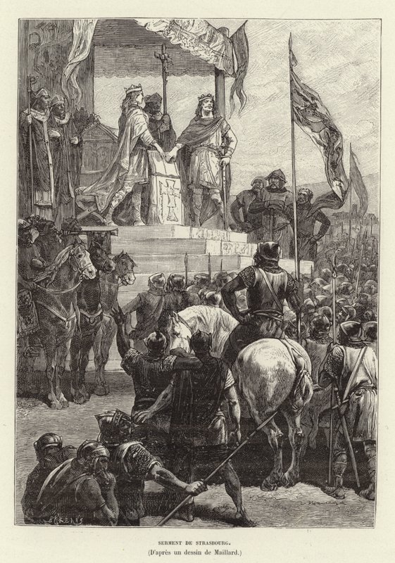 Serment de Strasbourg. Eder i Strasbourg, alliansen mellan Ludvig den tyske och Karl den skallige, kungar av Öst- och Västfrankrike, 842 (gravyr) av French School