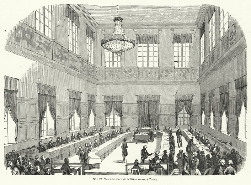 Session för Tagsatzung, den schweiziska federala dieten, i Zürich (gravyr) av French School