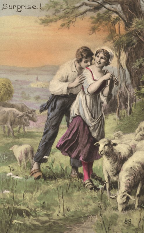 Herde och herdinna (färg litho) av French School
