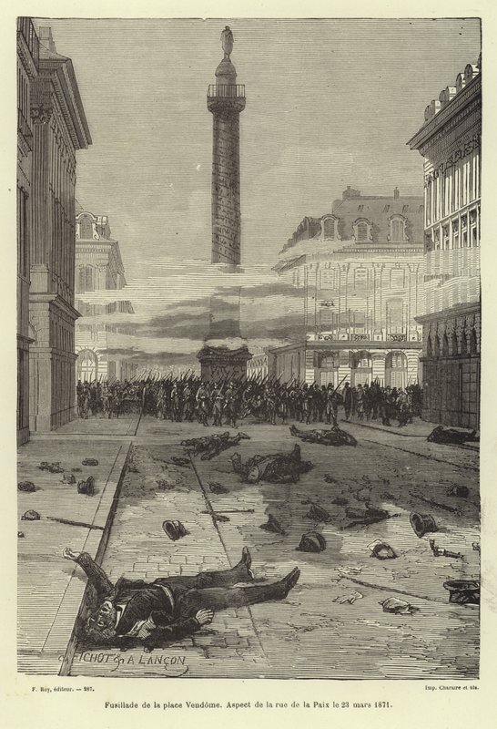 Skottlossning på Place Vendome, Paris, Paris kommun, 23 mars 1871 av French School