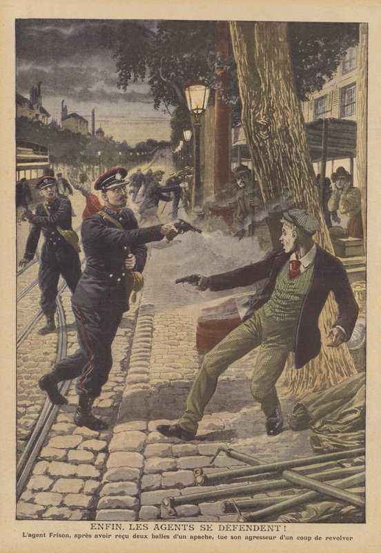 Skottlossning mellan polis och brottslingar på en gata i Paris (färg litho) av French School