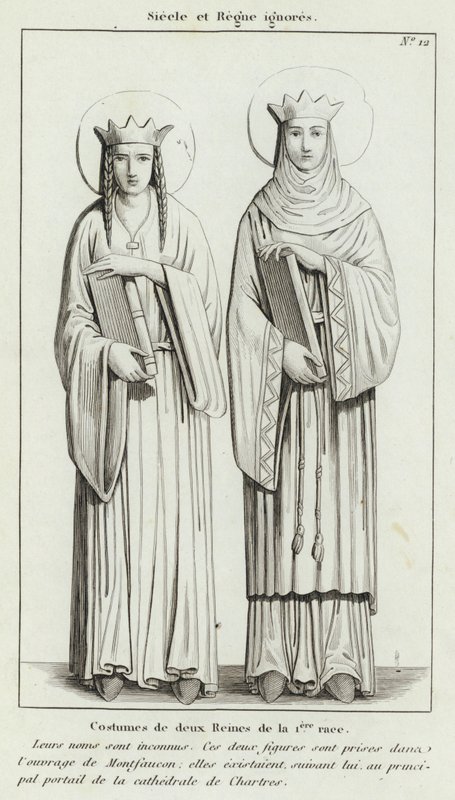 Century and Reign ignorerade, Costumes of two Queens of the 1st race (gravyr) av French School