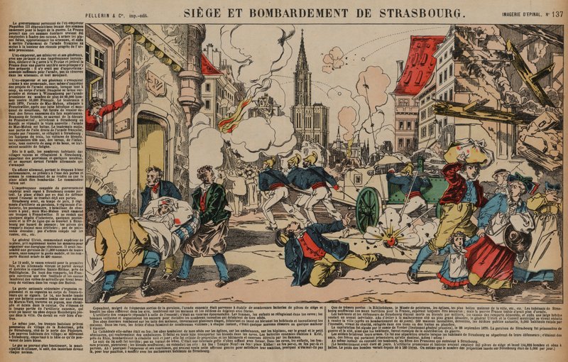 Belägring och bombardement av Strasbourg, fransk-preussiska kriget, augusti-september 1870 (färgad gravyr) av French School