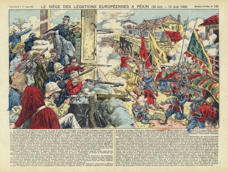 Belägring av de europeiska legationerna i Peking, Boxarupproret, Kina, 20 juni - 15 augusti 1900 (färglitografi) av French School