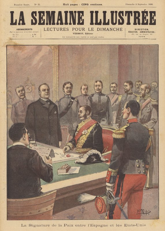 Undertecknande av ett fredsprotokoll som avslutar fientligheterna i det spansk-amerikanska kriget, Washington DC, 12 augusti 1898 av French School