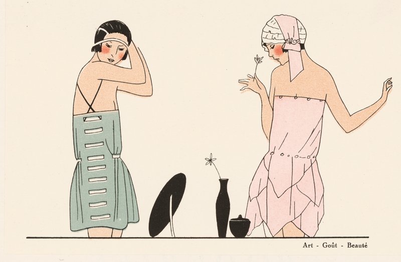 Underklädesmode i siden från 1920-talet (färglitografi) av French School
