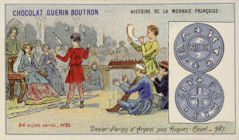 Silver denier paris av Hugh Capets regeringstid, 987 (chromolitho) av French School