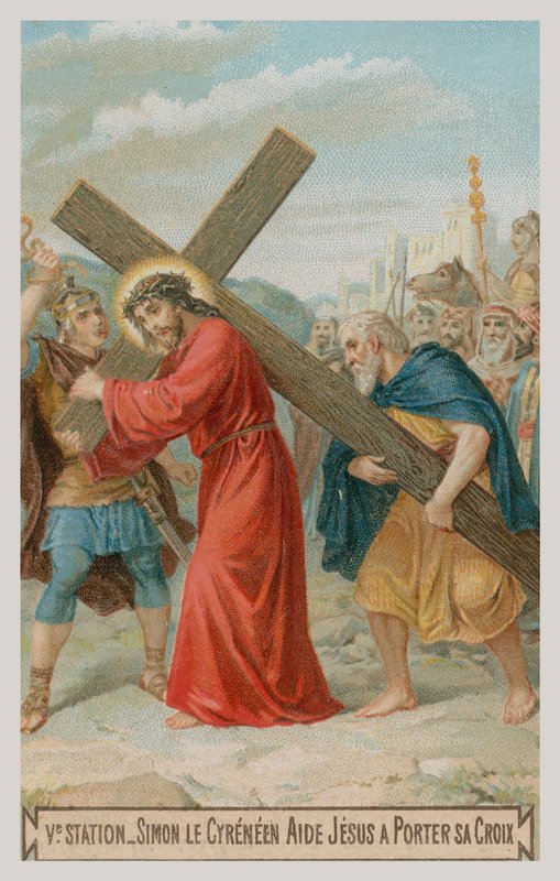 Simon från Cyrene hjälper Jesus att bära korset. Korsets femte station av French School