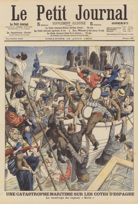 Förlisning av handelsångaren Sirio utanför Cartagena, Spanien (färg litho) av French School