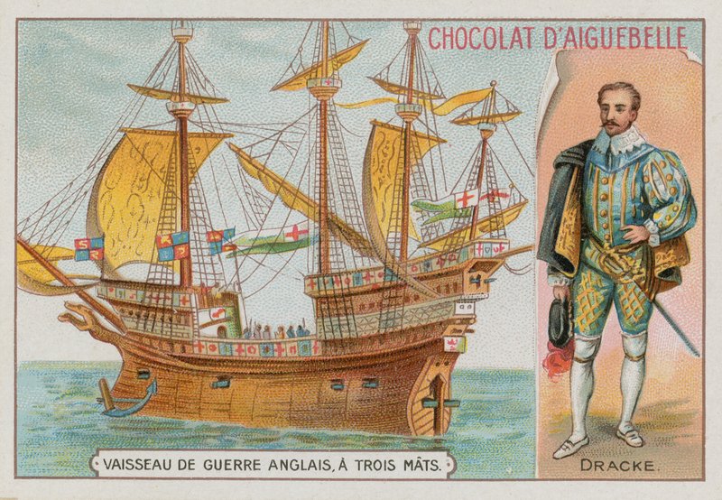 Sir Francis Drake och ett tremastat engelskt krigsskepp av French School
