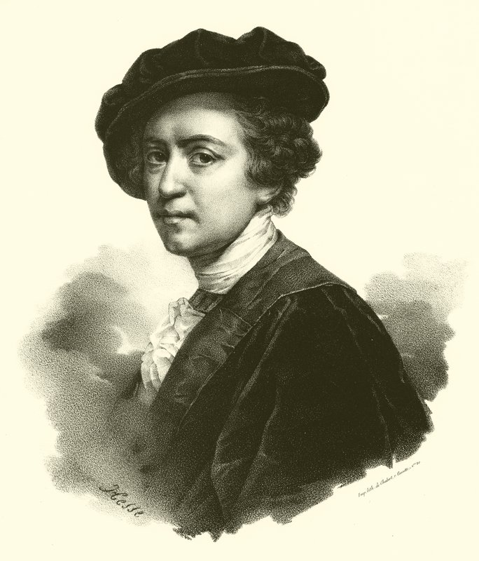 Sir Joshua Reynolds, porträtt (gravyr) av French School