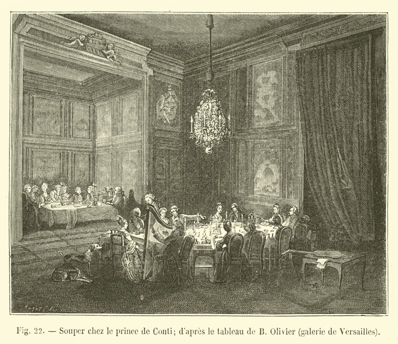 Kvällsmat med Prince de Conti; efter målningen av B Olivier, Versailles galleri av French School