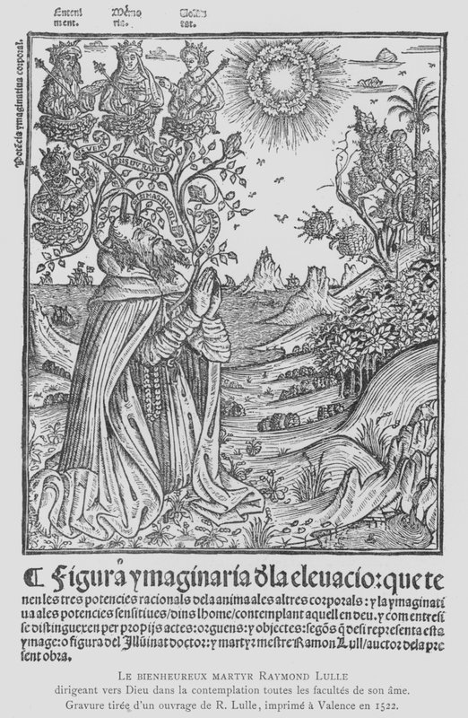 Den spanske filosofen och franciskanska tertiären Ramon Llull i kontemplation, riktar alla hans själsförmågor till Gud (litho) av French School