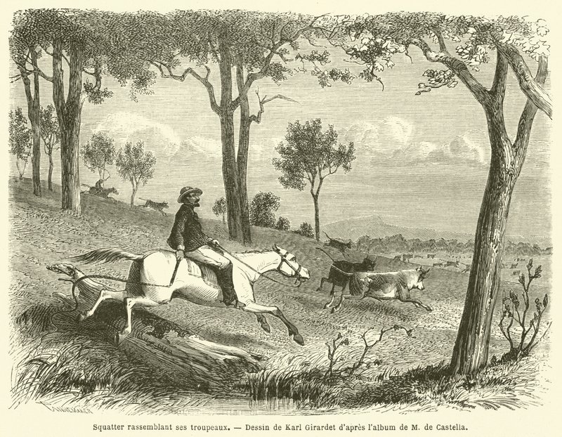 Squatter Gathering His Herds (gravyr) av French School