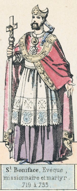 St Bonifatius, biskop, missionär och martyr, 719 till 735 (färgad gravyr) av French School