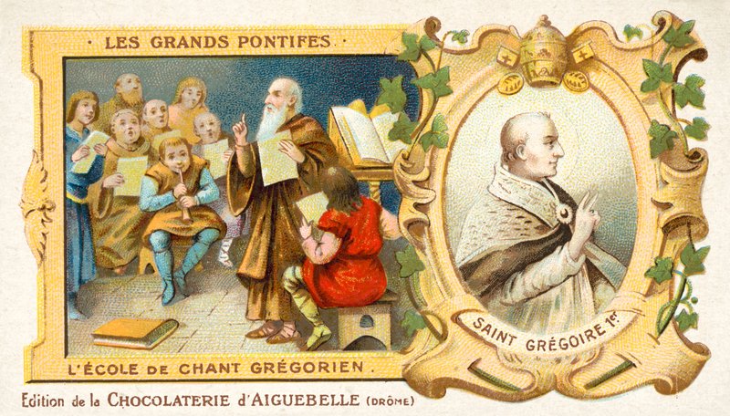 St Gregorius den store, och en skola av gregoriansk sång (chromolitho) av French School