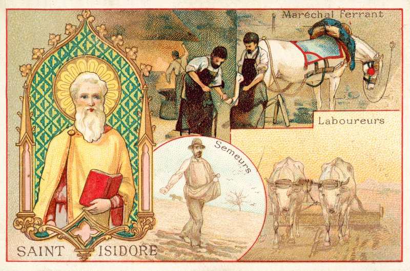 St Isidore, skyddshelgon för bönder och daglönare (chromolitho) av French School