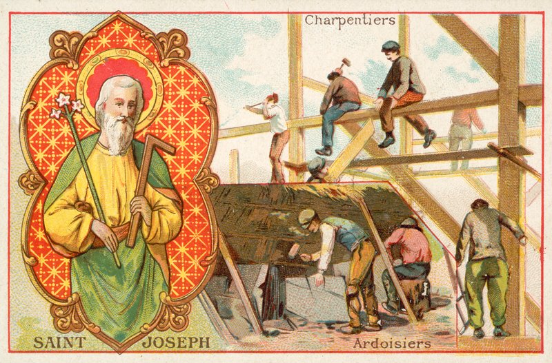 St Joseph, skyddshelgon för snickare och takläggare (chromolitho) av French School