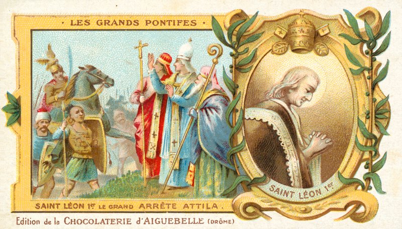 St Leo den store stoppar Hundens Attilas erövring av Italien, 452 (chromolitho) av French School