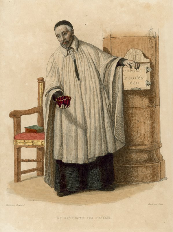 St Vincent de Paule (färgad gravyr) av French School