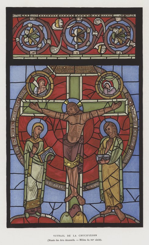Målat glas skildring av korsfästelsen, mitten av 1100-talet (lito i färg) av French School