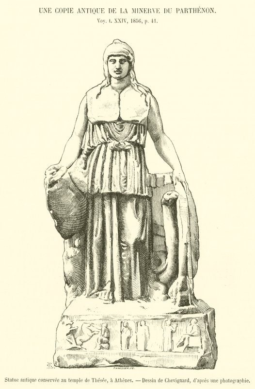 Antikkonservator staty au temple de Thesee, en Aten (gravyr) av French School
