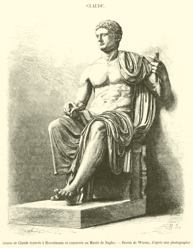 Staty av Claudius hittad i Herculaneum och bevarad i Neapelmuseet (gravyr) av French School