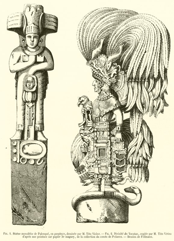 Monolitstaty av Palenque, i porfyr; Divinity of Yucatan (gravyr) av French School