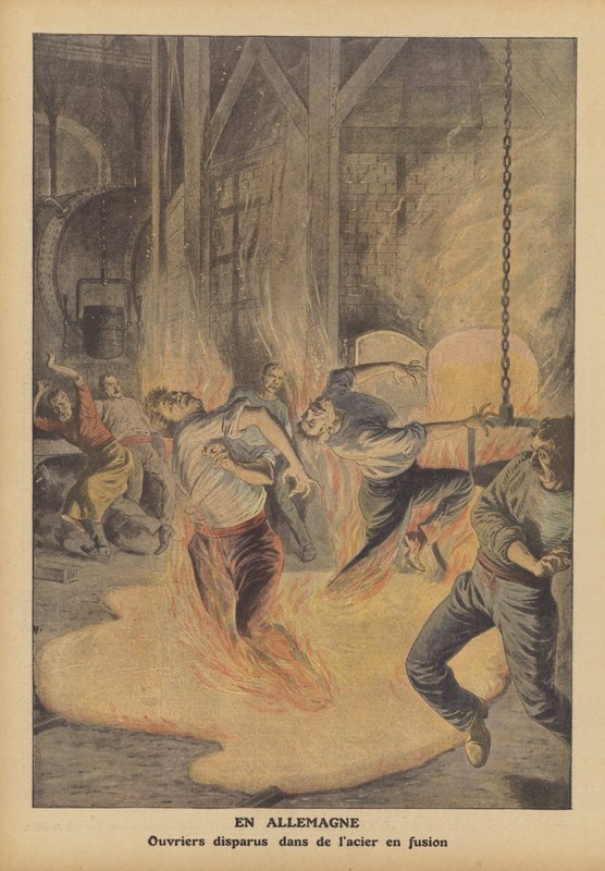 Stålarbetare dödade av smält stål i Tyskland (färg litho) av French School
