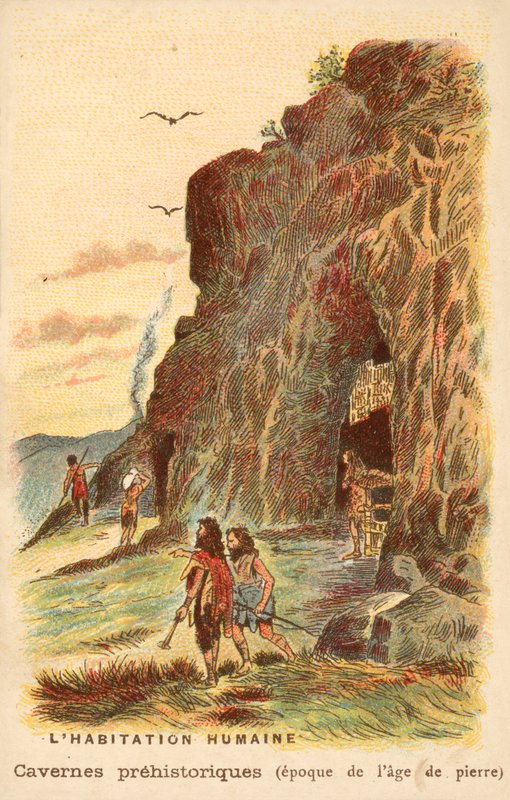 Grottbor från stenåldern (chromolitho) av French School