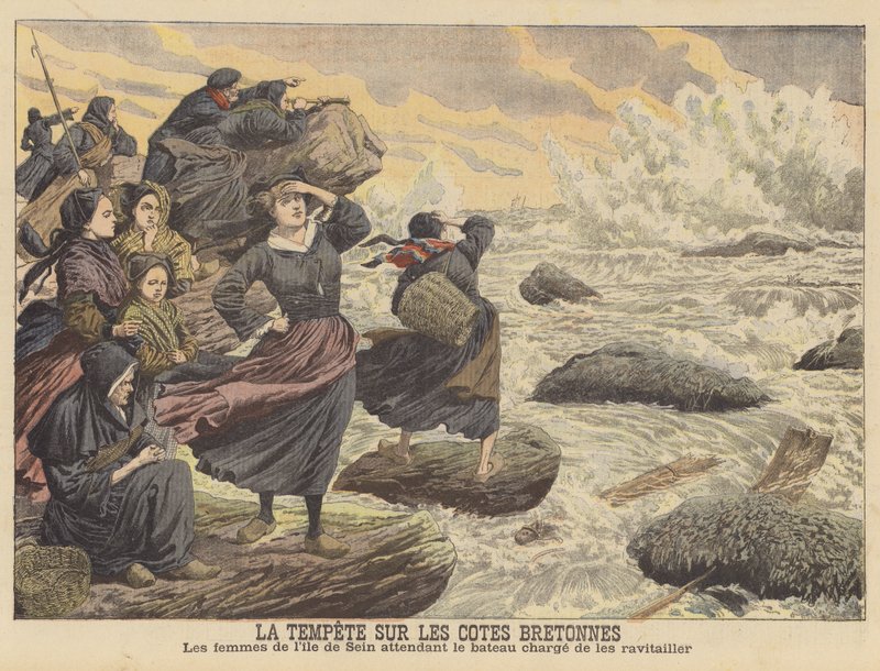 Stormar vid Bretagnes kust (färg litho) av French School