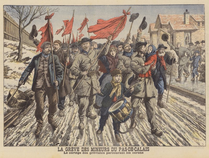 Strejk av gruvarbetarna i Pas-de-Calais, Frankrike (färg litho) av French School