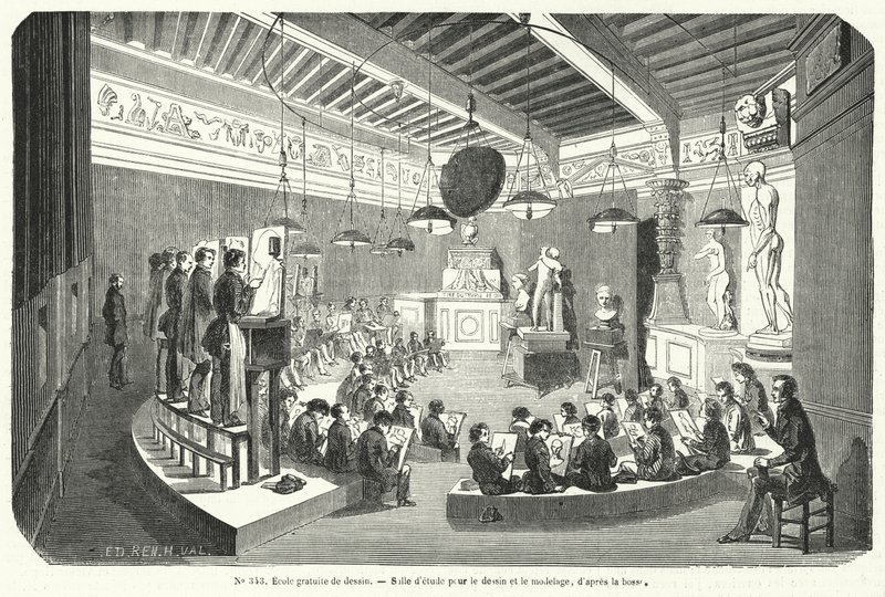 Elever i en klass i en fri ritskola, Frankrike (gravyr) av French School