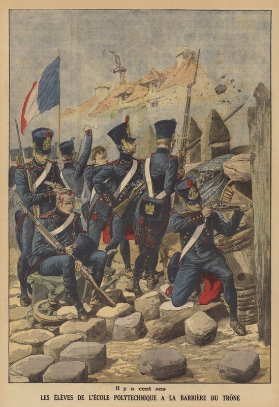 Studenter vid Ecole Polytechnique som försvarade Barriere du Trone, en av portarna till Paris, 1814 (färg litho) av French School