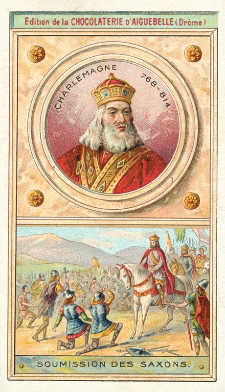 Underkastelse av sachsarna till Karl den Store, 785 (chromolitho) av French School