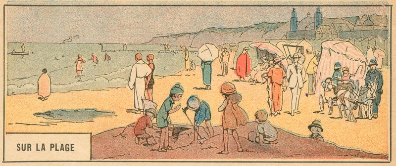 Sur La Plage (färglitografi) av French School