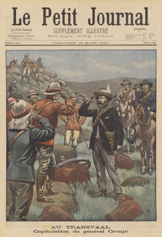 Överlämnande av general Cronje till britterna efter slaget vid Paardeberg (färg litho) av French School