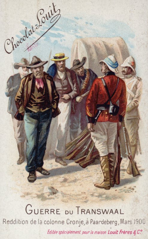 Överlämnande av Piet Cronjes kolonn till britterna, Paardeberg, mars 1900 (chromolitho) av French School