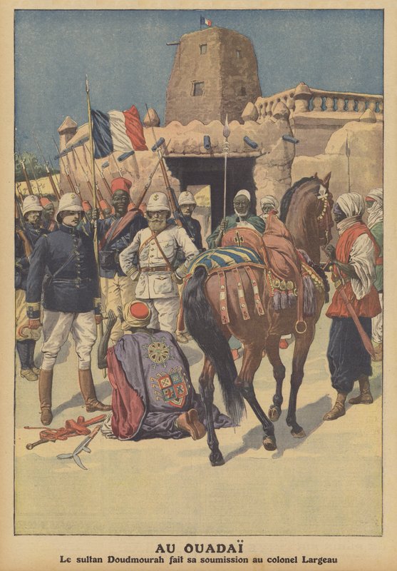 Överlämnande av Wadaisultanen Doudmourrah till franska trupper under befäl av överste Largeau (färg litho) av French School