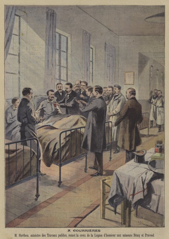 Överlevande från gruvkatastrofen i Courrieres, Frankrike (färg litho) av French School
